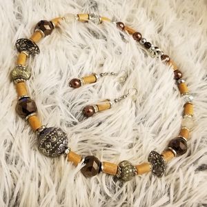Wood Bronze Silver Choker and Earrings set